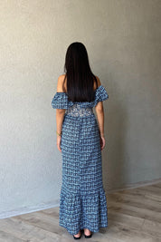 Koyu Mavi Madonna Yaka Desenli Gipeli  Elbise SY-2164-Koyu Mavi