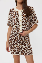 Leopar Desenli Gold Düğme Detaylı Yelek Etek Triko Takım SY-2475-Taş