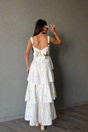 Yeşil Sarı Çiçekli Arkası Bağlama Detaylı Kat Kat Elbise SY-2038-Yeşil-Sarı