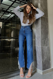 Koyu Mavi Paçası Taş ve Zincir Detay Jean SY-0346-Koyu Mavi