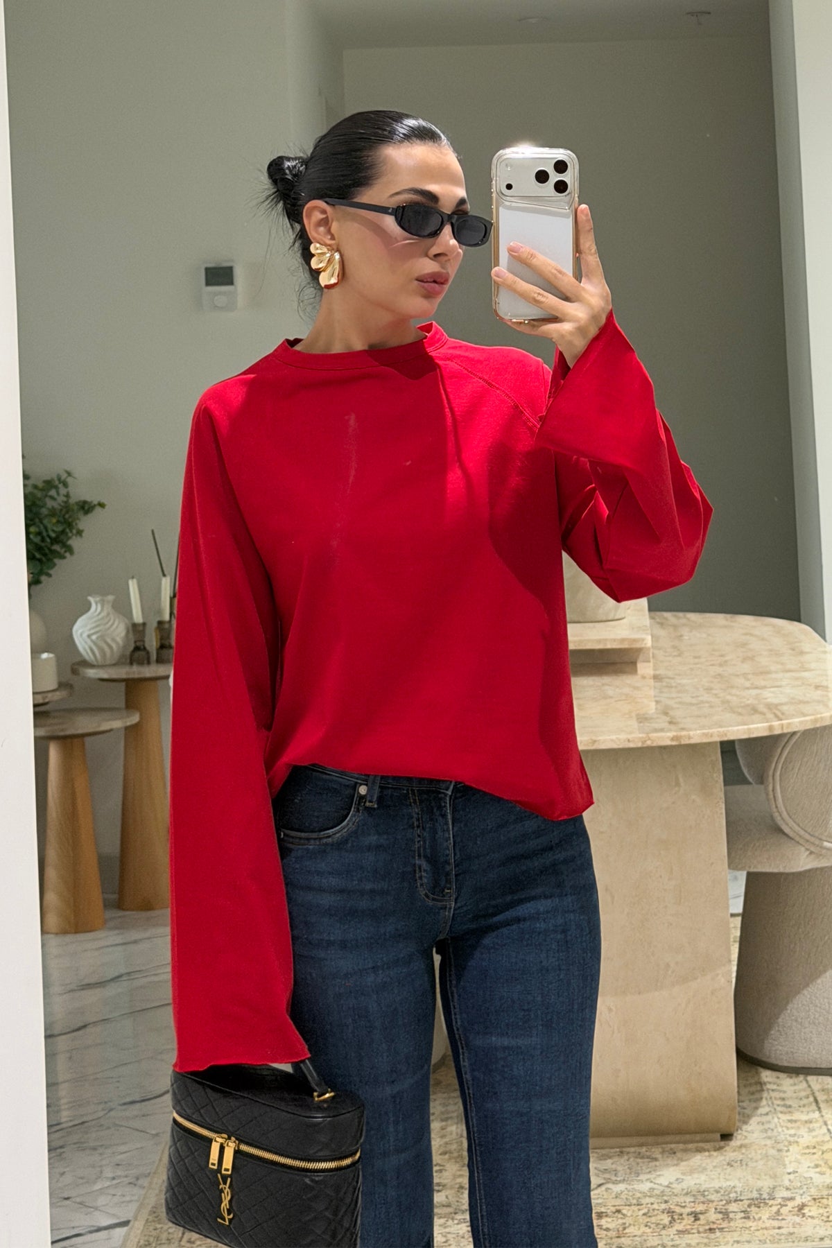 Kırmızı Oversize İspanyol Kol Basic T-Shirt SY-3846-Kırmızı