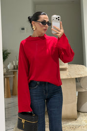 Kırmızı Oversize İspanyol Kol Basic T-Shirt SY-3846-Kırmızı