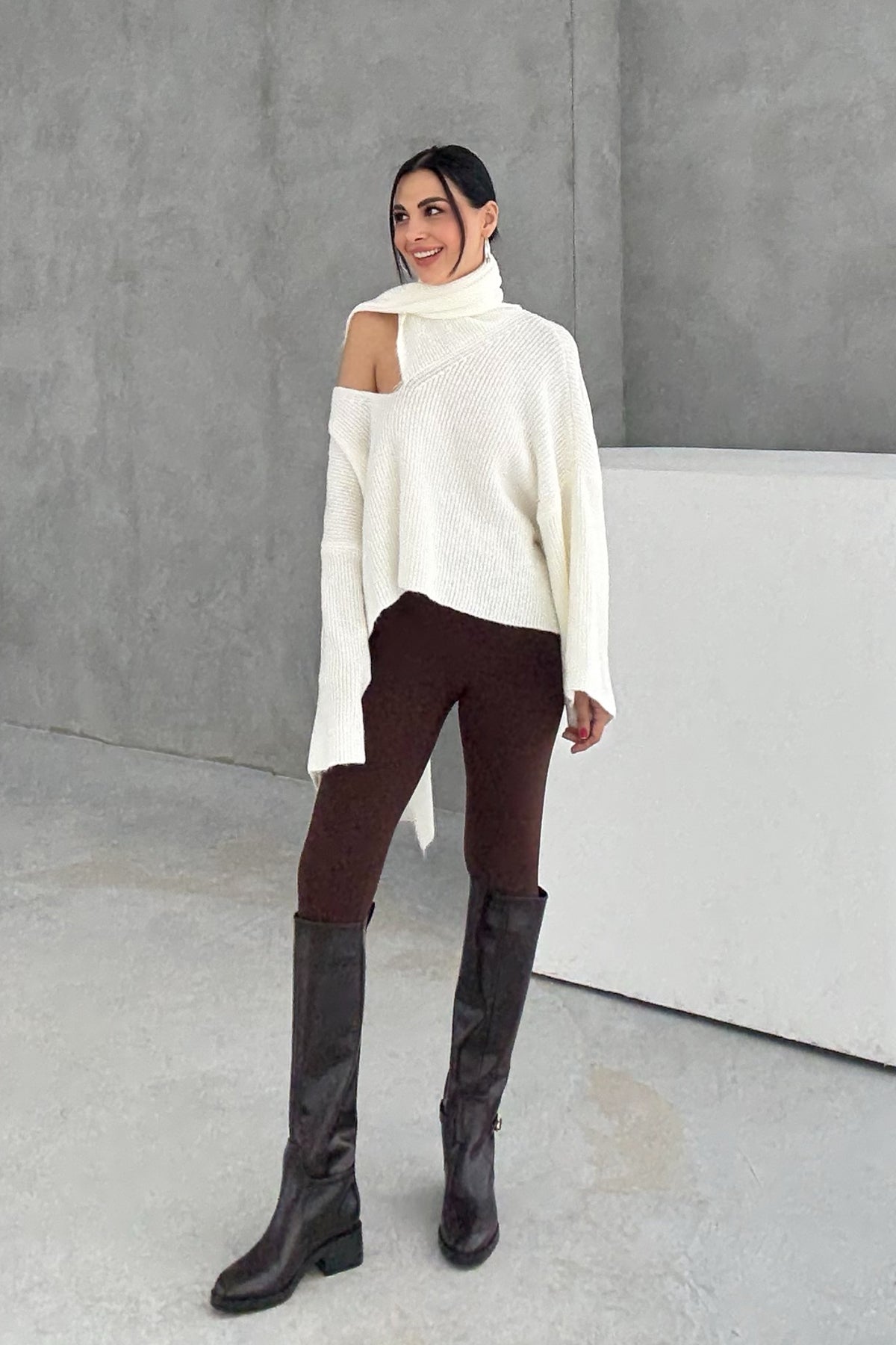 Ekru Şal Detaylı Triko Kazak SY-3427-Ekru