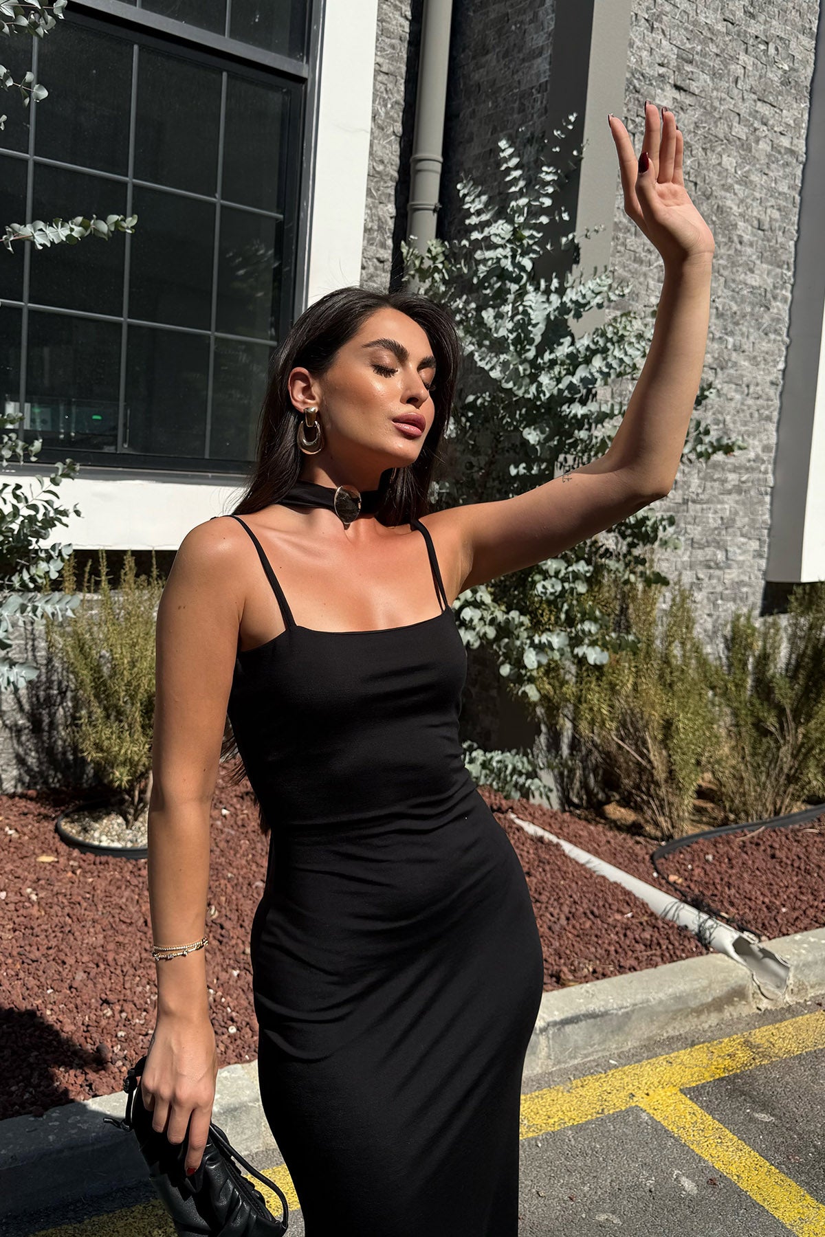 Siyah Gold Kuşaklı Midi Elbise SY-3332-Siyah