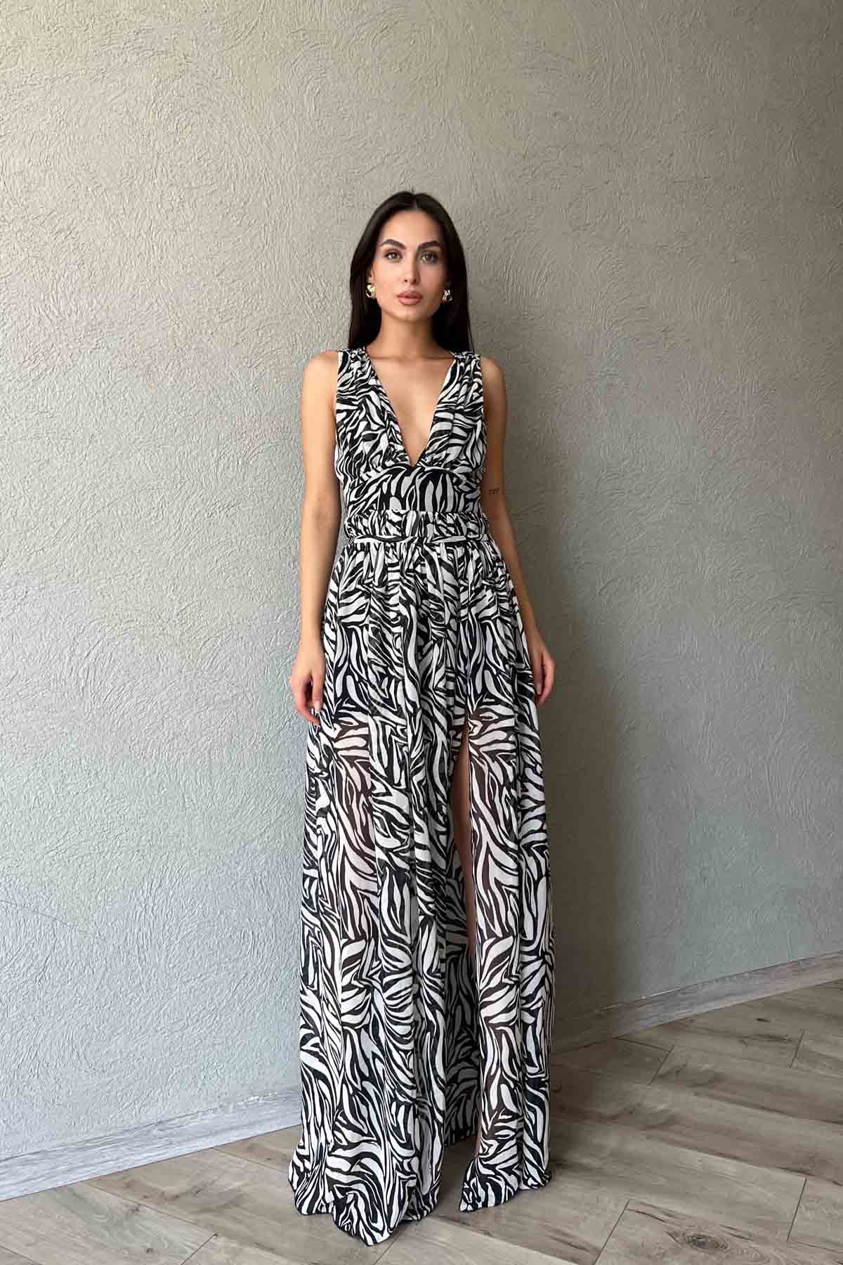 Siyah Desenli Yırtmaçlı Nice Elbise SY-1955-Siyah