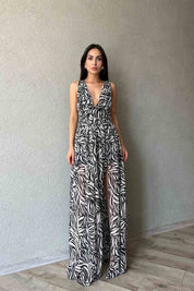 Siyah Desenli Yırtmaçlı Nice Elbise SY-1955-Siyah