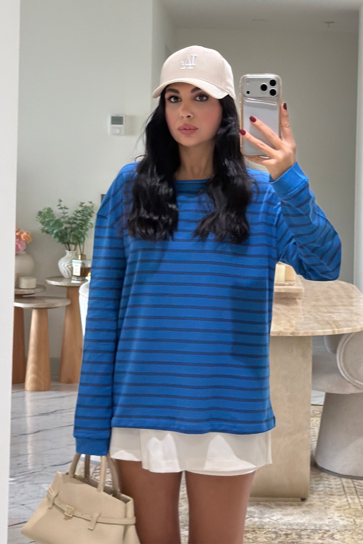Mavi Çizgili Uzun Kollu Oversize Tişört SY-3883-Mavi