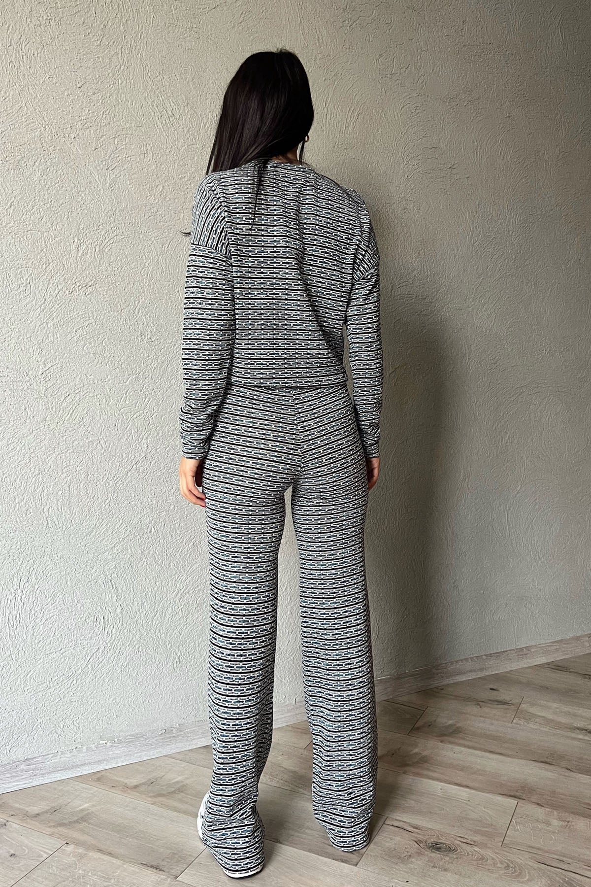 Lacivert -Beyaz Desenli Uzun Kollu Triko ve Pantolon Takım SY-1177-Lacivert