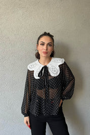 Siyah Puantiyeli  Uzun Kollu Yaka Detaylı Şifon Gömlek SY-1599-Siyah