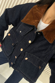 Lacivert Kadife Yaka Kargo Cep Detaylı Denim Ceket SY-2532-Lacivert