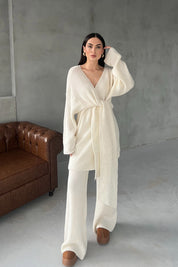 Ekru Bağlama Detay Kazak Pantolon Triko Takım SY-2773-Ekru