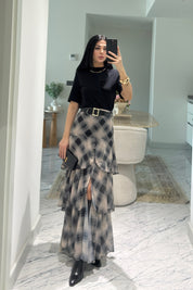 Siyah Ekoseli Fırfırlı Kat Kat Kemerli ETek SY-3525-SiyahEkose