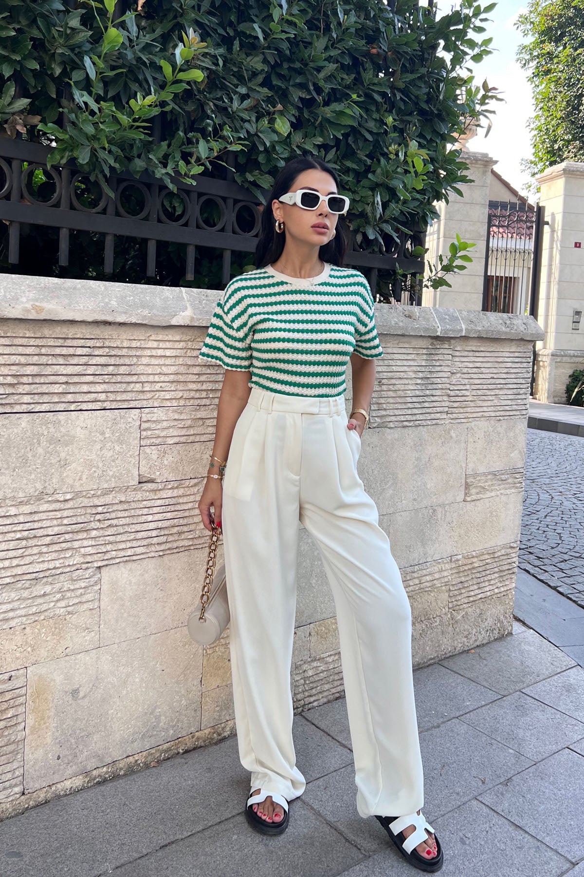 Krem Yüksek Bel Pileli Palazzo Pantolon SY-0559-Krem