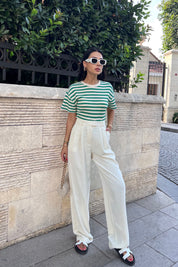 Krem Yüksek Bel Pileli Palazzo Pantolon SY-0559-Krem