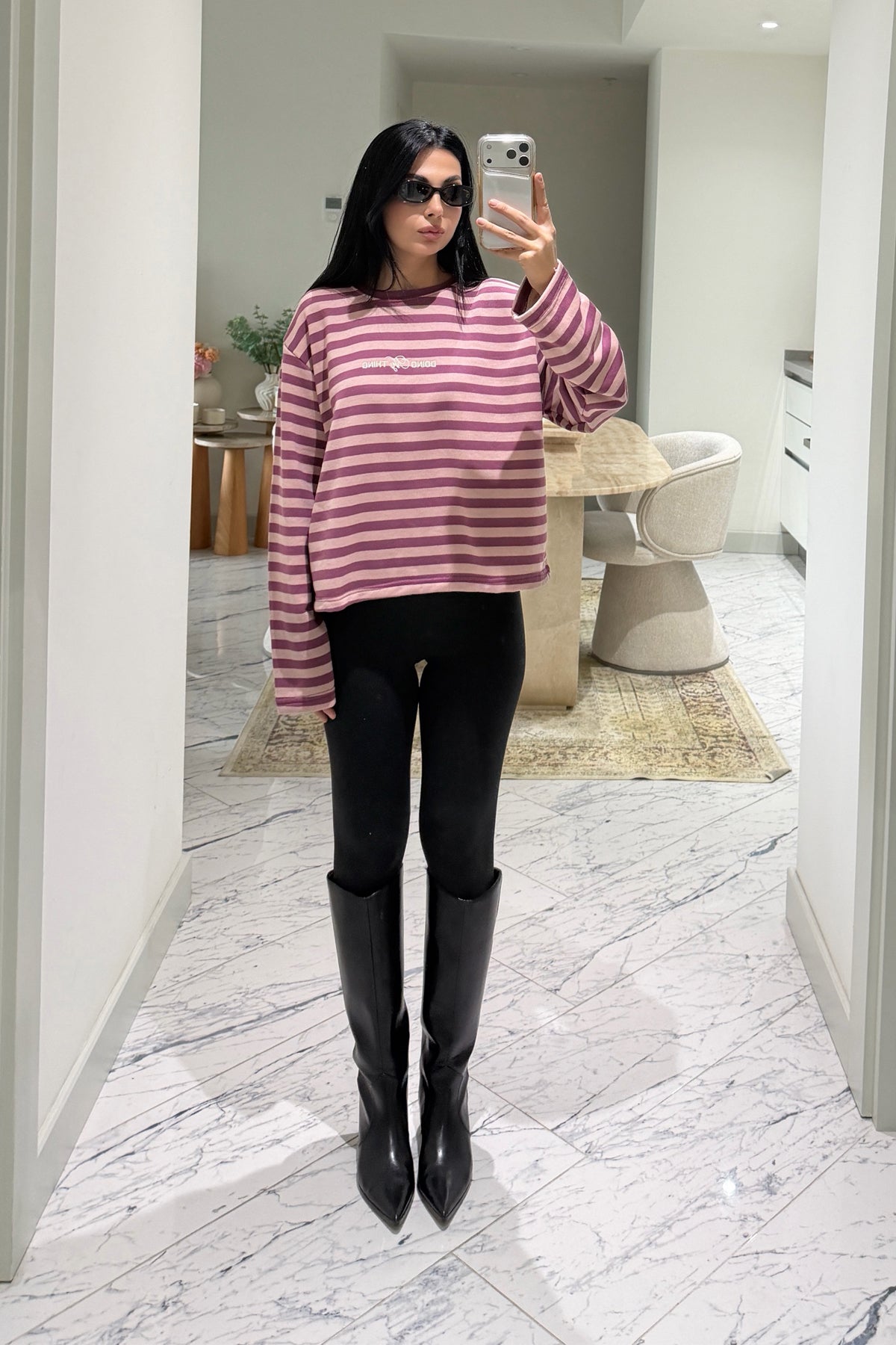 Mürdüm-Pudra Çizgili Basic Sweatshirt SY-3902-Mürdüm