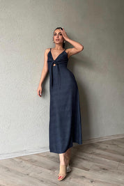 Indıgo Askılı Bağlama Detaylı Arkası Gipeli Midi Elbise SY-1770-İndigo