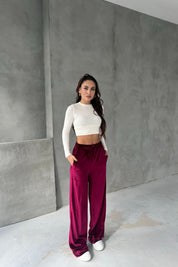 Bordo Paine Kadife Beli Lastikli Pantolon SY-2645-Bordo