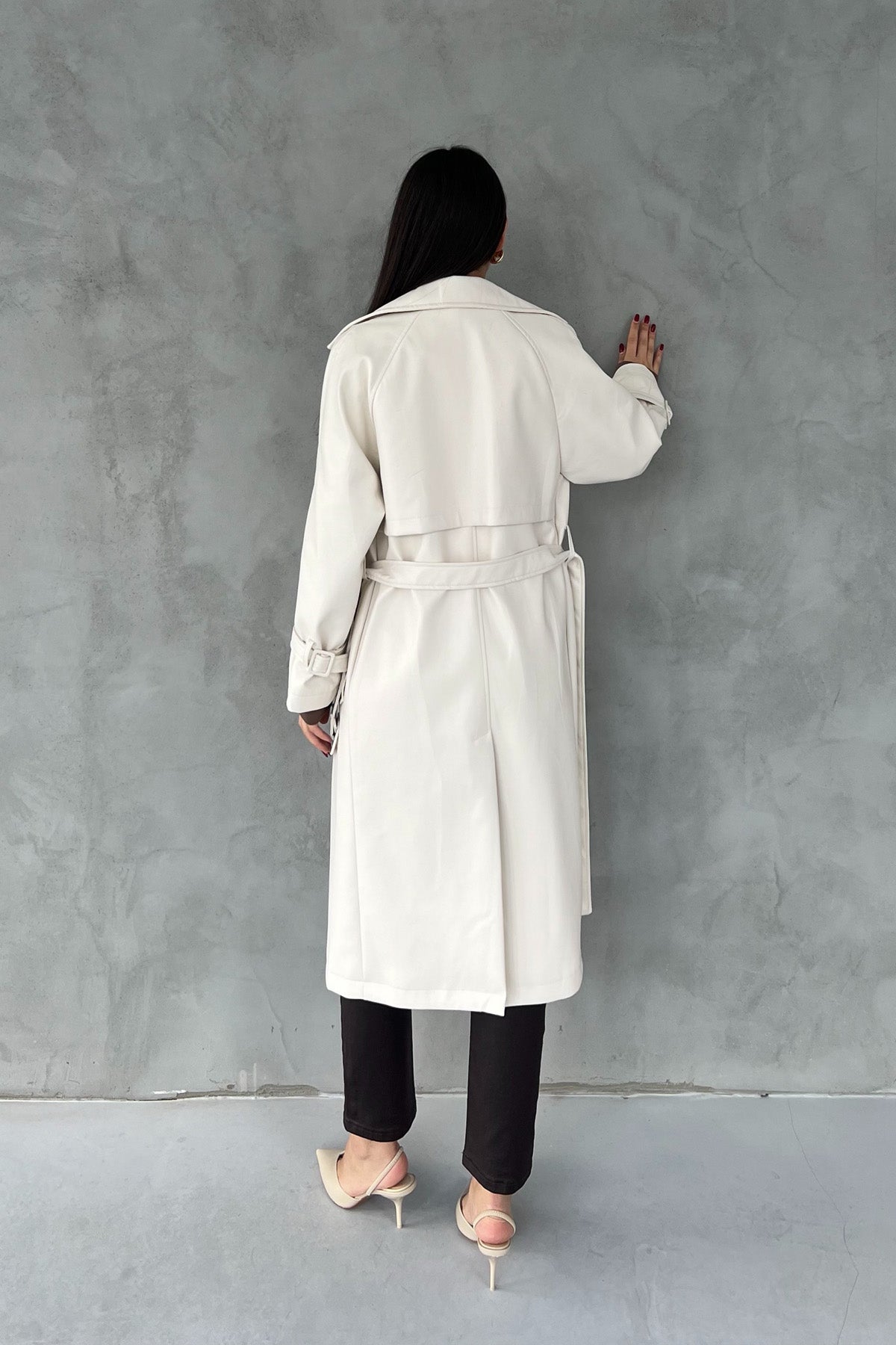 Ekru Kemerli Deri Trençkot SY-2435-Ekru