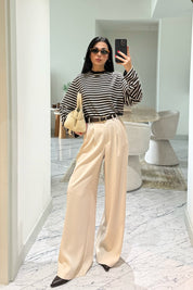 Bej Kadın Yüksek Bel Pileli Palazzo Pantolon SY-3646-Bej