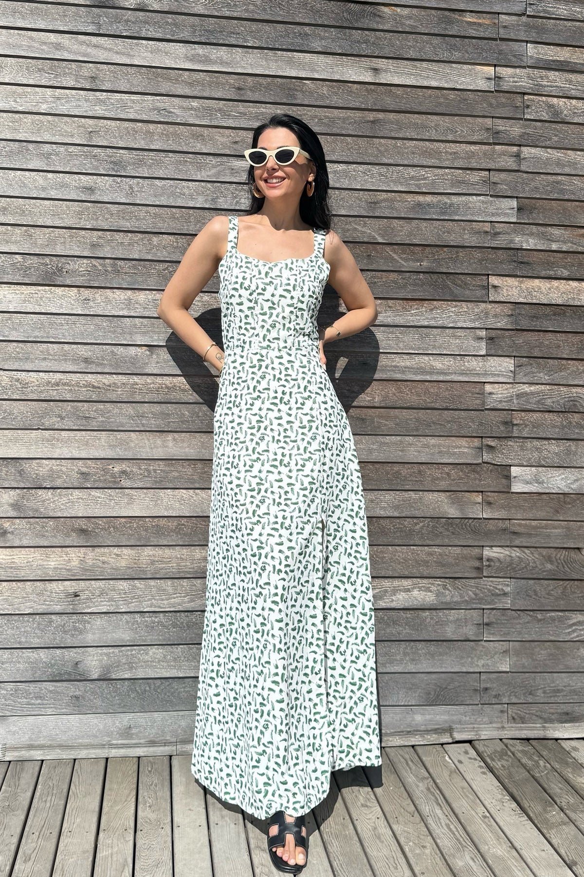 Kadın Askılı Yeşil Çiçek Desenli Midi Elbise SY-3159-Yeşil