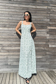 Kadın Askılı Yeşil Çiçek Desenli Midi Elbise SY-3159-Yeşil