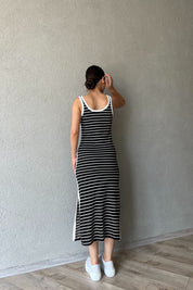 Siyah Beyaz Çizgili L Muadili Kadın Straight Fit Lacivert Elbise SY-2258-Siyah Beyaz