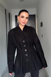 Siyah Belden Oturmalı Kaşe Özel Üretim Ceket SY-3416-Siyah