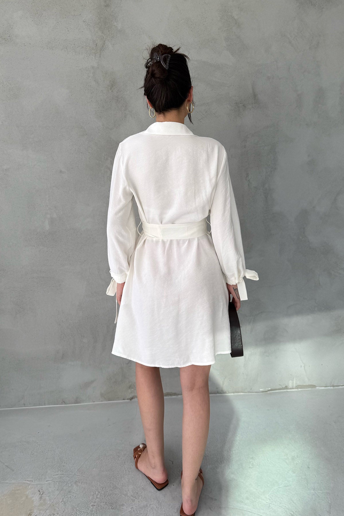 Ekru Kruvaze Kapamalı Kuşaklı Elbise SY-3100-Ekru