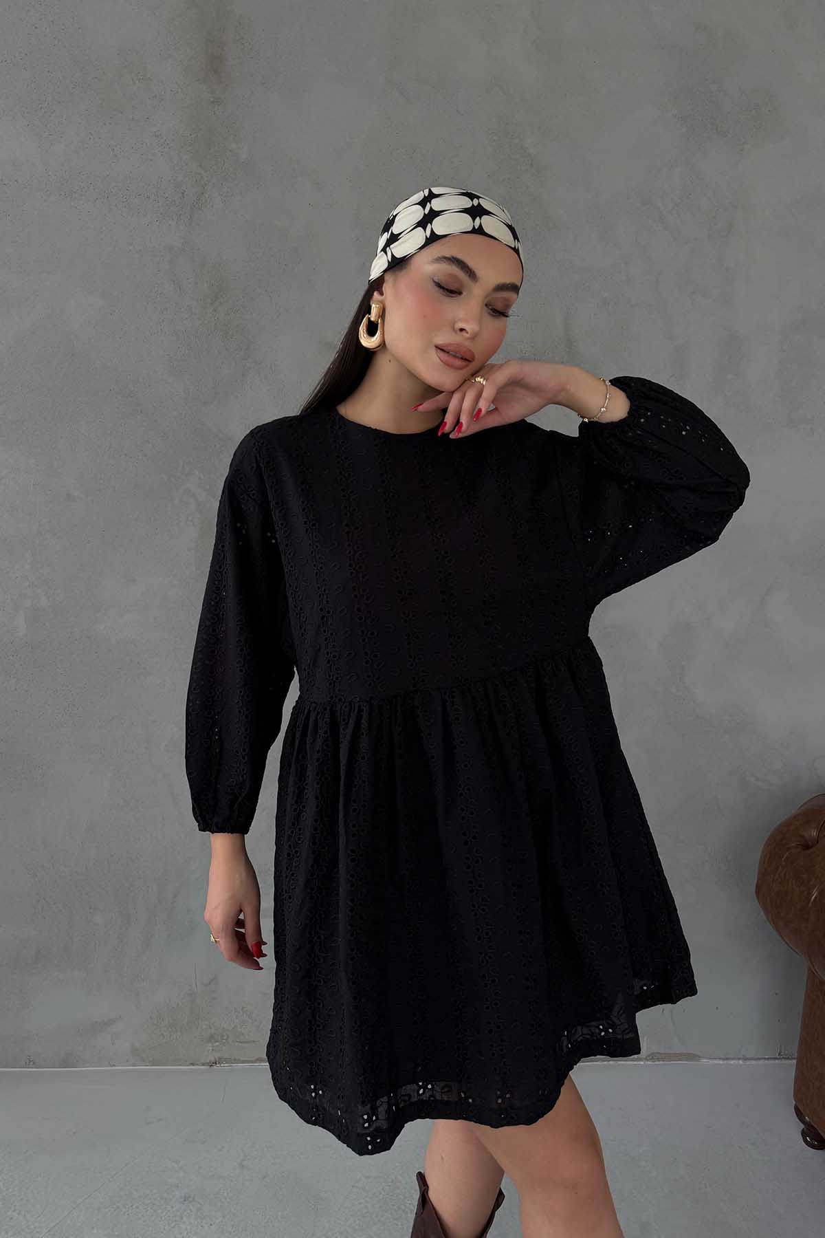 Siyah Brode Midi Boy Elbise SY-3049-Siyah