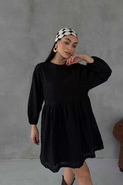 Siyah Brode Midi Boy Elbise SY-3049-Siyah