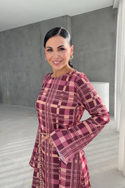 Ekoseli Zincir Kemer Detaylı Maxi Elbise SY-3365-Ekoseli