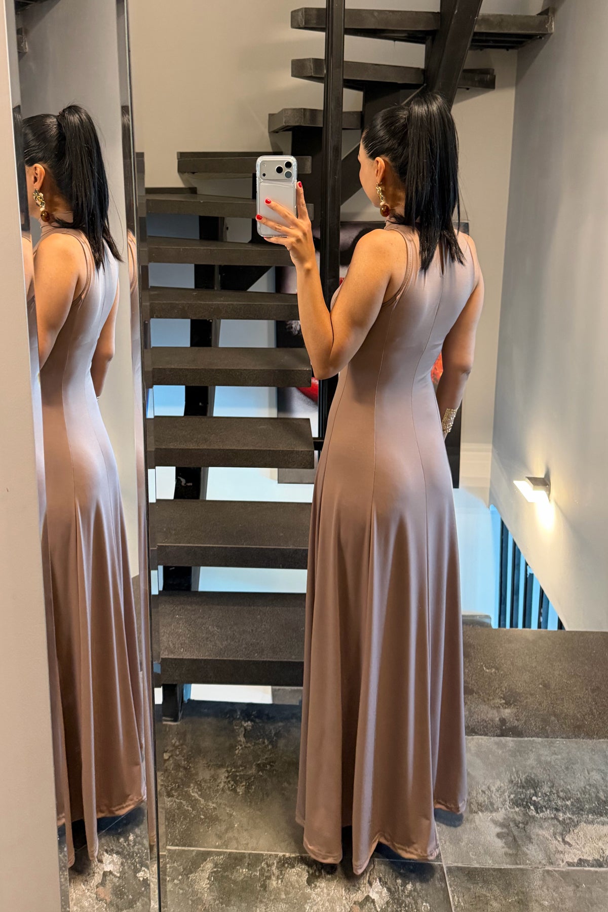 Vizon Balıkçı Yaka Maxi Boy Dökümlü Şık Kadın Elbise SY-3632-Vizon