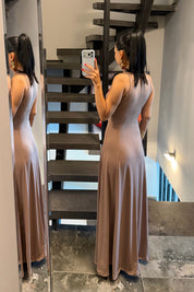 Vizon Balıkçı Yaka Maxi Boy Dökümlü Şık Kadın Elbise SY-3632-Vizon