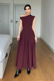 Bordo Kayık Yaka Bel Detaylı Pileli Elbise SY-2962-Bordo