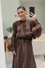 Kahve Organze Drapeli Prenses Elbise SY-3644-Kahve