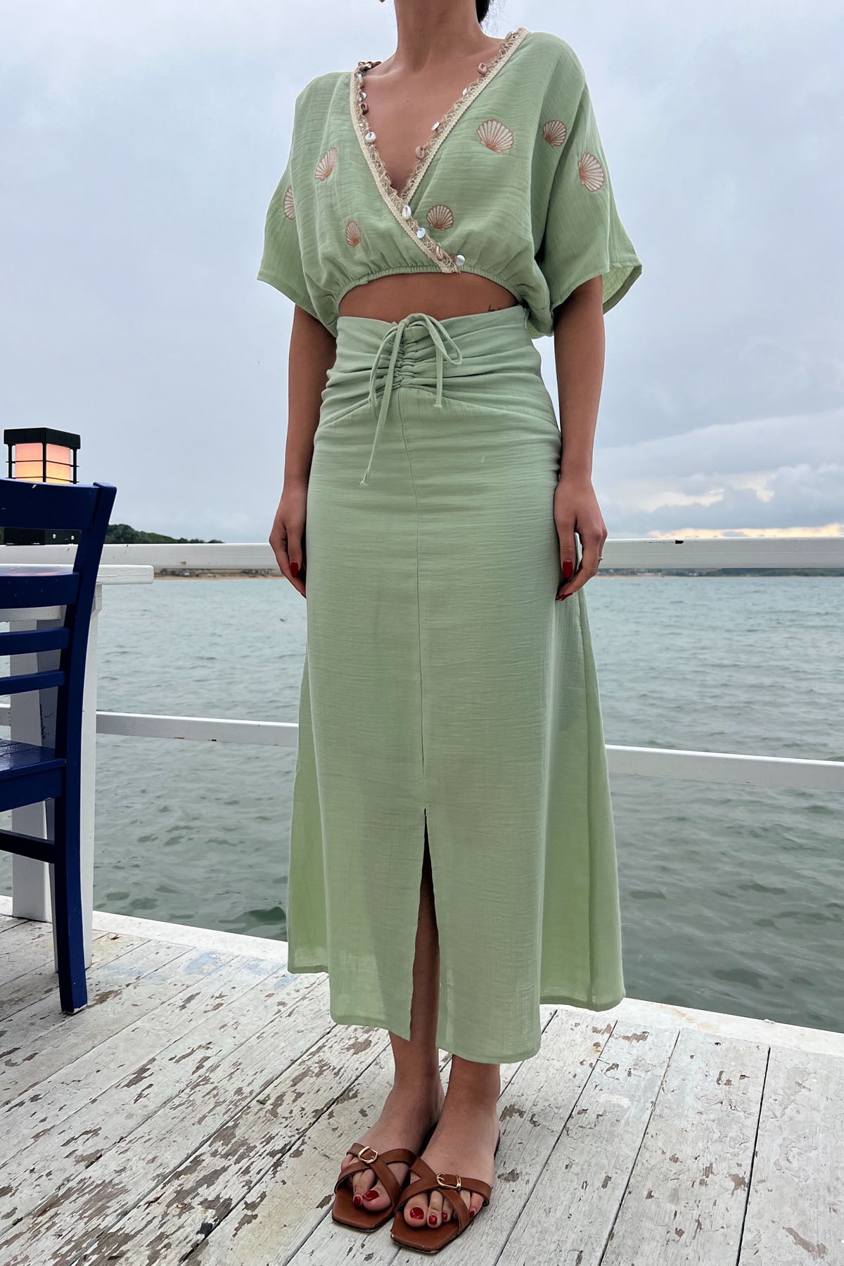 Mint Yeşili Shell Detaylı Crop Etek Müslin takım SY-2130-Mint Yeşili