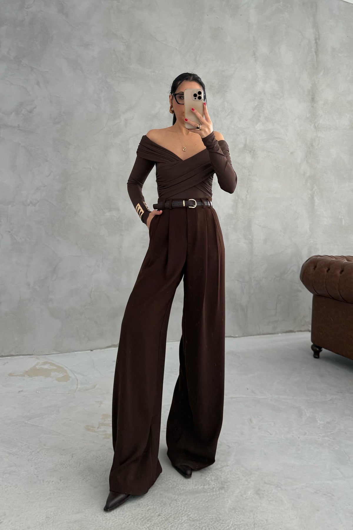 Kahverengi Pens Detaylı Palazzo Pantolon SY-3452-Kahverengi