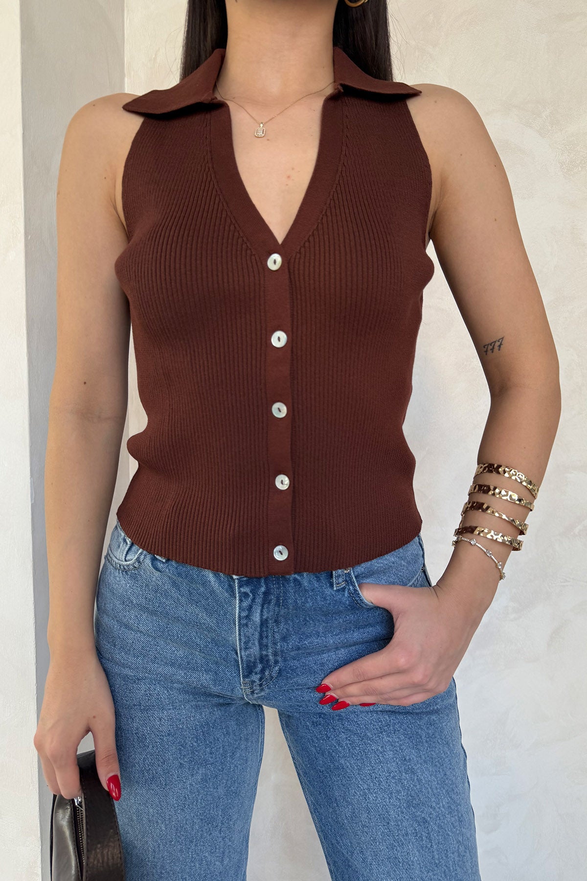 Kahverengi Sya Polo Yaka Triko Yelek SY-3081-Kahverengi