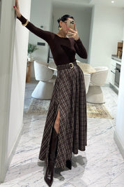 Ekose Desenli Yırtmaç Detaylı Kahveli Çizgili Kloş Etek SY-3494-Sütlü Kahve