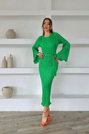 Çimen Yeşili İspanyol Kol Piliseli Kuşaklı Elbise SY-0088-Çimen Yeşili