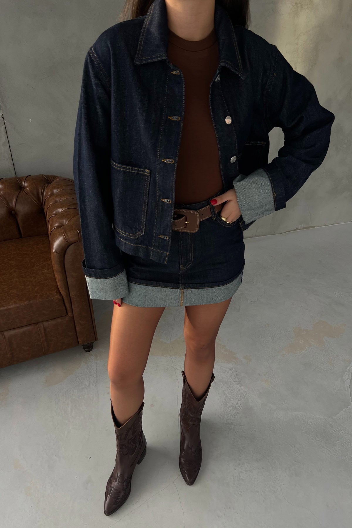 Lacivert Rahat Kesim Denim Ceket ve Etek Takım SY-2933-Lacivert