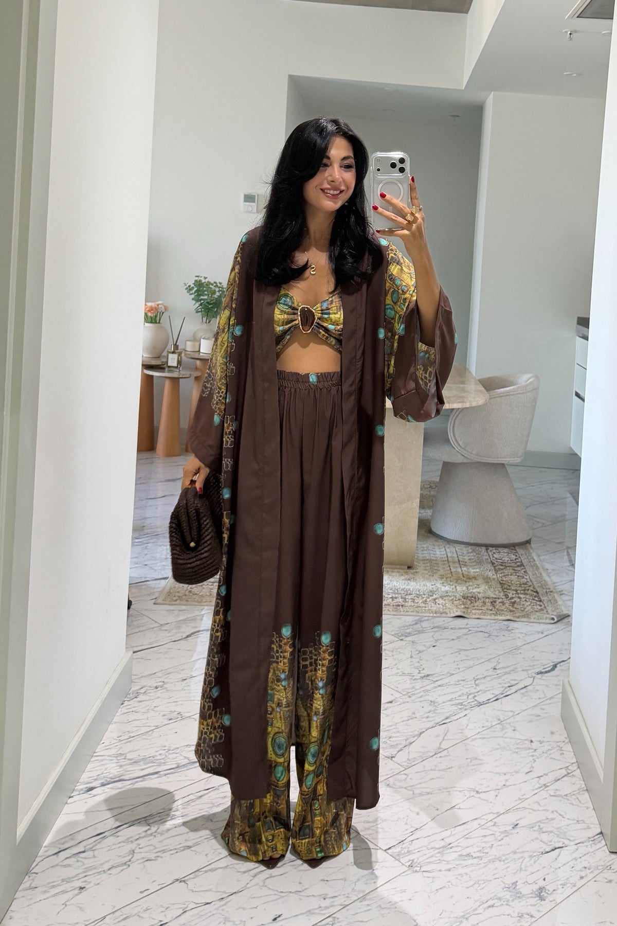 Premium Desenli Kimono Üçlü Takım SY-3818-Kahverengi