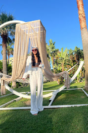 Beyaz Beli Bağcık Detaylı  Keten Pantolon SY-2155-Beyaz