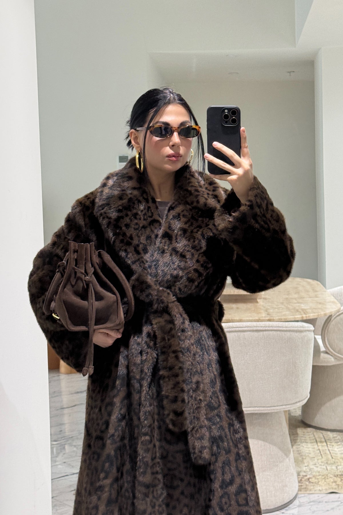 Acı Kahve Leopar Desenli Suni Kürk Kaban SY-3619-Kahve