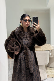 Acı Kahve Leopar Desenli Suni Kürk Kaban SY-3619-Kahve