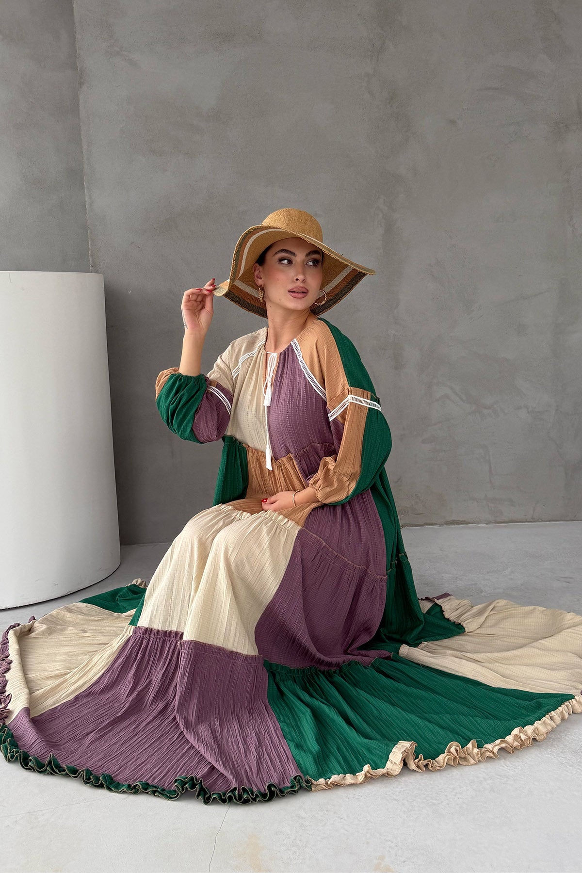 Blok Renkli Garnili Gofre Elbise SY-3044-Blok