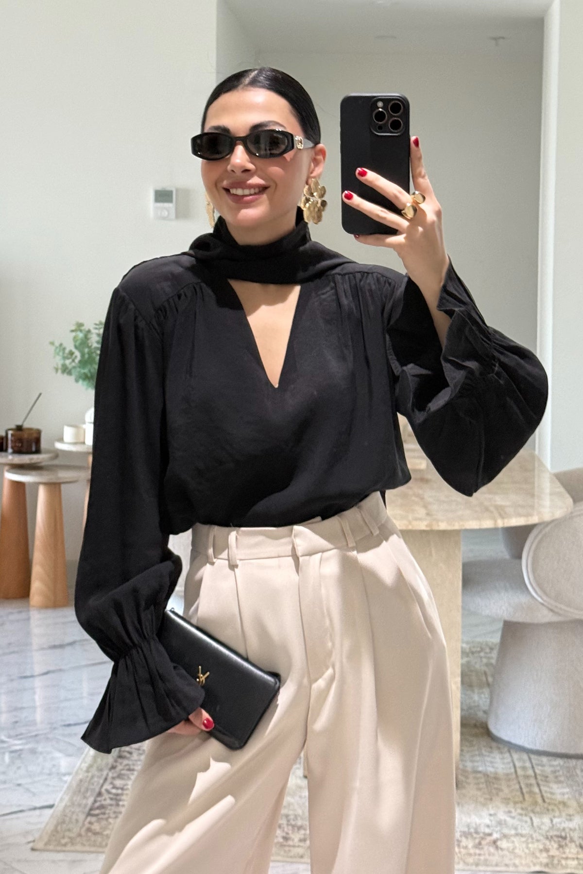 Vatkalı Şal Detaylı Siyah Bluz SY-3658-Siyah