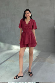 Bordo Beli Lastikli Kuşaklı Mini Elbise SY-3067-Bordo