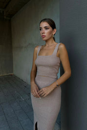 Camel Kalın Askılı Crop ve Yırtmaçlı Etek Takım SY-0926-Camel