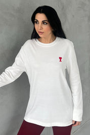 Beyaz Marka Model Kalp Nakışlı Uzun Kollu T-shirt SY-2822-Beyaz